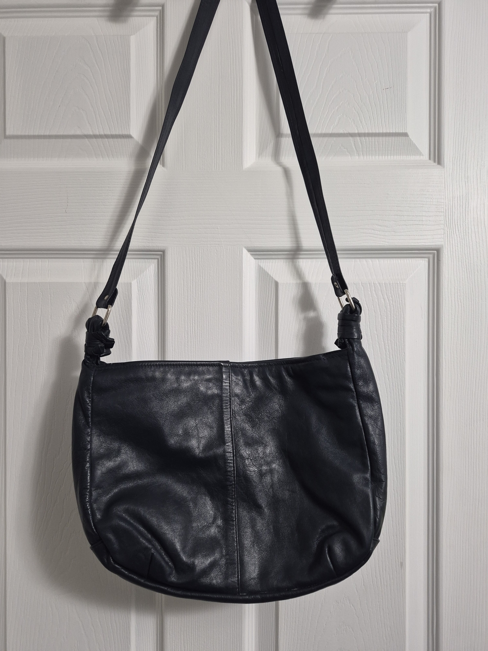 Navy Leather Messenger Bag with Tan Interior